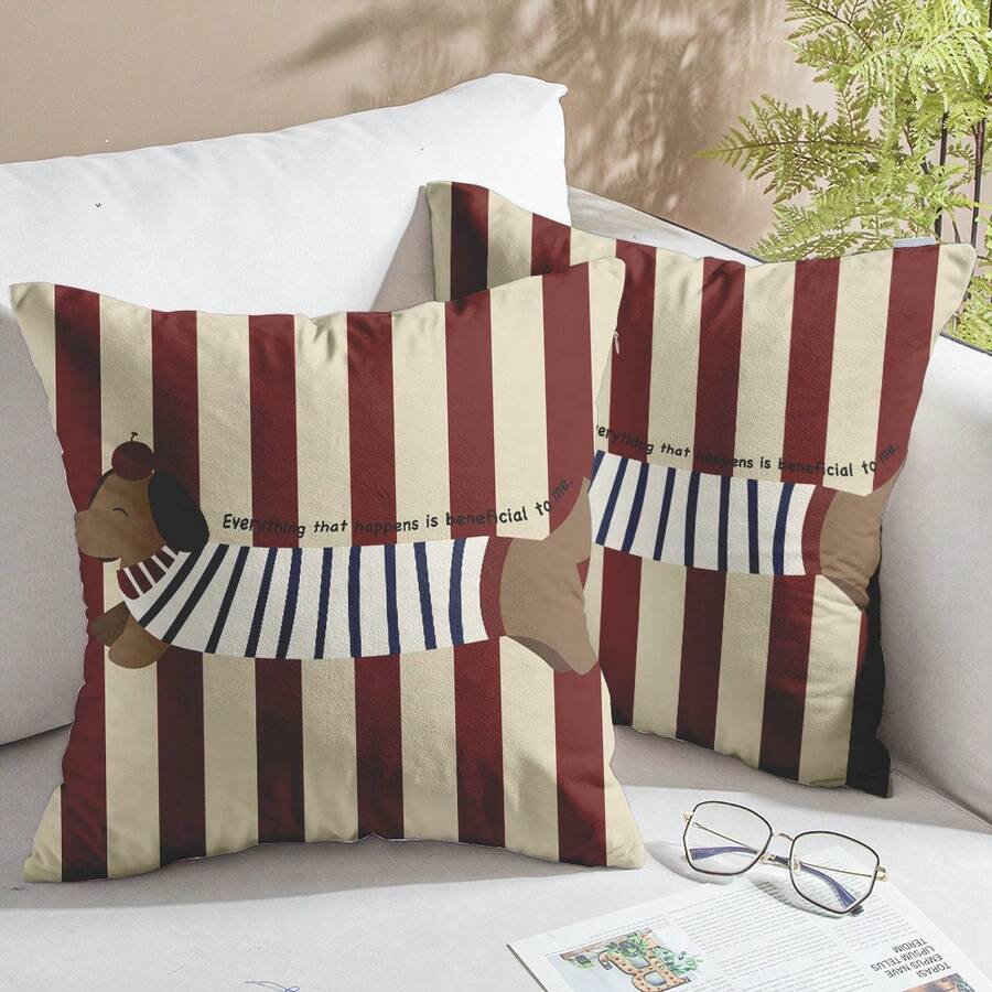 2pcs Animal Theme Pillow Covers, Classic Minimalist Luxury Pillow Cases, Striped Dachshund Pattern Cushion Covers, Suitable For Living Room And Bedroom Sofa And Chair (Pillow Inserts Not Included) - Dachshund - View 1