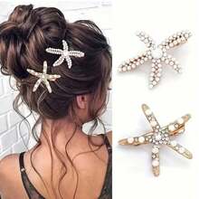 This 3-Piece Set Of Vintage-Style Faux Pearl-Decorated Starfish-Shaped Hair Clips Is A Fashionable Hair Accessory Suitable For Everyday Wear By Women And Girls. - Bộ ba món hình sao biển - Xem 3