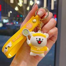 羽毛球运动卡通线条艺术小狗钥匙扣，可爱娃娃包挂饰，纪念小礼物 - 彩色 - 查看 3