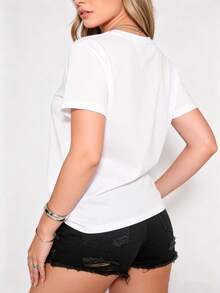 Round Neck Perfectly Imperfect Letter Print Women Short Sleeve T-Shirt, Casual Cotton Blend Summer Basic Tee, Minimalist Black & White Lettering Top, Soft  Graphic T-Shirt For Daily Streetwear & Office - White - View 3