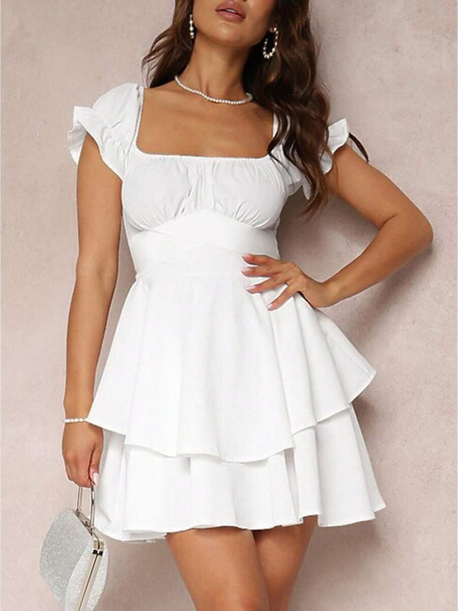 Women's Mini A-Line Dress Solid Color Ruffled Sleeves Square Neck Layered Hem Dress - Blanco - Ver 1