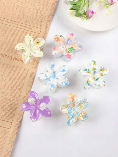 1个/3个/6个 花卉印花休闲ABS塑料（ABS树脂）新款甜美可爱雏菊花发夹、发爪、五瓣花发饰