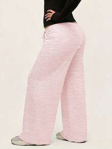 Womens Plus Size Wide Leg Pants Drawstring Waist Striped Loose Fit Trousers - Pink - View 3
