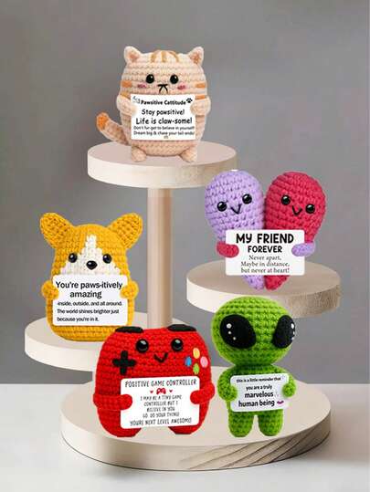 4件套手工钩编桌面摆件，趣味科幻动植物造型，送给闺蜜、姐妹、家人、爱人的绝佳礼物，适合生日、感恩节、圣诞节、情人节、母亲节等各种场合，毛绒玩具，房间装饰，小礼物