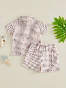 Summer Shorts Sets Short Sleeve Lapel Button Up Tree Print Shirt And Drawstring Shorts Plaid Outfits - Caqui - Ver 7