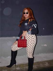 Millennium Spicy Girl Style Street Party Vacation Fashion Moon Print Design Elastic Slim Fit Sexy Long Sleeved Top And Pants Set - 黑色 - 查看 2