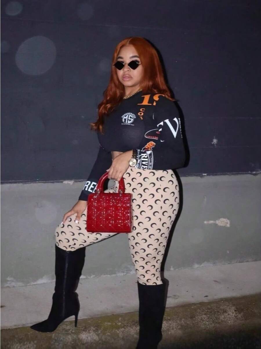 Millennium Spicy Girl Style Street Party Vacation Fashion Moon Print Design Elastic Slim Fit Sexy Long Sleeved Top And Pants Set - màu đen - Xem 1