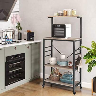 Kitchen Bakers Rack On Wheels 16D X 24W X 50H Inches Microwave Stand Kitchen Cart Rolling Coffee Bar Cart With 6 S-Side Hooks And Adjustable Feet Utility Storage Shelf Gray