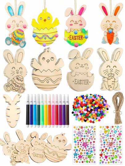 10/20pcs Mixed Wooden Rabbit Decorations, Including Wooden Boards, Jute Ropes, 100pcs Pom Poms, 2pcs Colorful Diamond Stickers, 12 Color Pens, DIY Craft, Suitable For All Seasons, Birthday, Gift Tags, Holiday Party, Easter Decor
