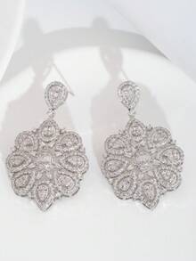 1 Bộ bông tai thiết kế hình hoa đính đá Cubic Zirconia sang trọng, phù hợp cho nữ giới dự tiệc cưới và các sự kiện, không kèm hộp quà. - Bạc - Xem 2