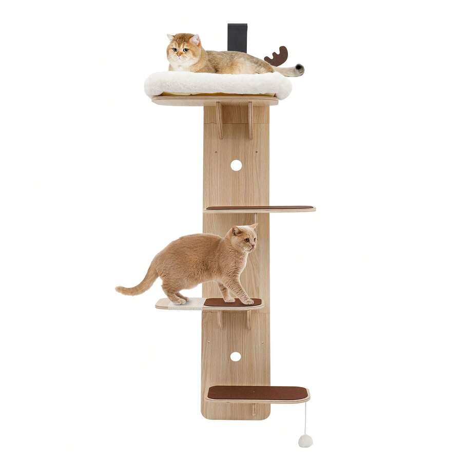 WOBENFOG 4-Tier Door Hanging Cat Tree, Wooden Door Mounted Vertical Cats Climbing Frame, Cats Climbing Rack For Stair, Foyer, Living Room, Enclosed Balcony - Gỗ sáng màu + Nâu - Xem 1
