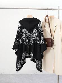 1 pieza Poncho con capucha de mujer de alta gama con estampado jacquard floral - Multicolor - Ver 3