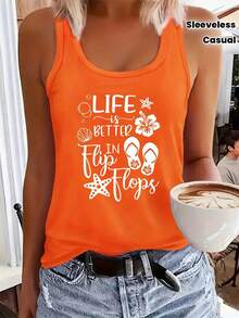 Women's Sleeveless Casual Tank Top "Life Is Better In Flip Flops" Beach Graphic Print – Soft, Stylish For Summer Vacation, Beach, Pool, Daily Outfits Plus Size Women's Sleeveless Tank Top Vibrant Graphic Print Non-See-Through Curve-Friendly Relaxed Fit Wide Anti-Slip Straps Lightweight Breathable All-Season Versatile For Gym Yoga Beach Daily Casual Office Swim Cover-Ups - 橘色 - 查看 1