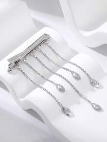 1pc Shiny Silver Rhinestone Tassel Hair Clip, Minimalist Dynamic Duck Clip Headpiece, Suitable For Bride, Wedding, Graduation, Holiday, Carnival Party, Casual Daily Wear - Silver - View 3