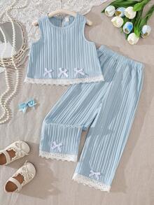 Young Girls' Fresh & Sweet Vertical Stripe Sleeveless Lace Bow Camisole + Matching Wide Leg Pants 2 Pieces Set, Spring/Summer - Blue - View 1
