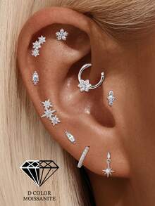1Pc 925 Sterling Silver Moissanite Fashion Eight-Pointed Star Stud Earring Hypoallergenic Pure Silver Flat Back Cartilage Helix Piercing Suitable For Women'S Daily Wear, Parties, And Banquet Occasions - Silver - View 2