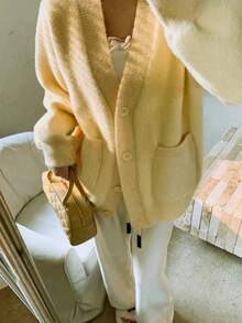 1pc Butter Yellow Elegant Faux Fur Collar Cardigan Sweater With Pockets, Suitable For Dating, Casual Outdoor Activities And Traveling In Autumn/Winter - Yellow - View 6