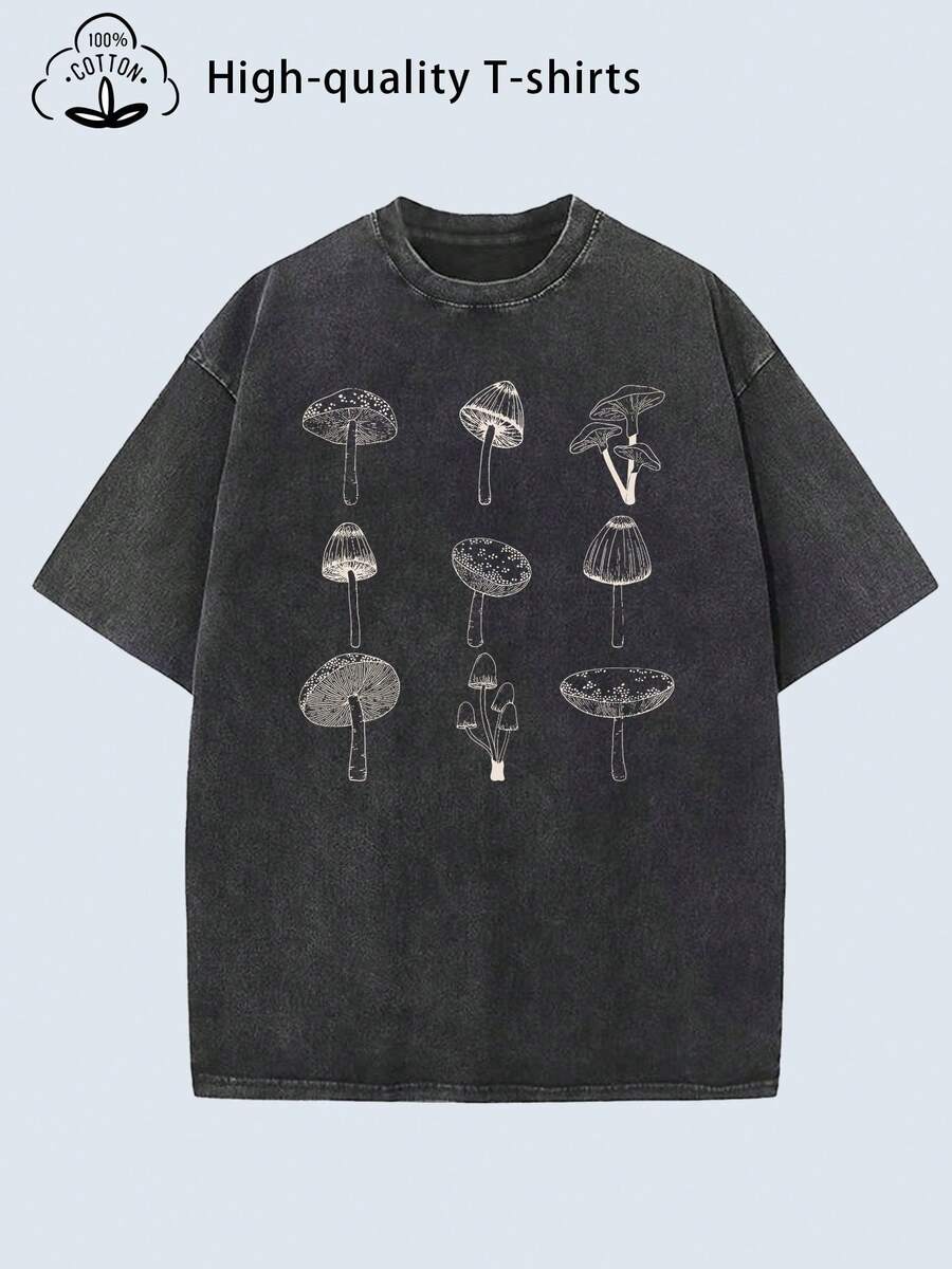 Summer Tops2026Women'S Vintage Distressed Oversized T-Shirt - Heavyweight Soft Washed Texture, Loose Fit Round Neck Short Sleeve With Retro Mushroom & Forest Print - Casual Casual Attire, All-Season Comfort, S-XXL Sizes (Grey/Beige) - Breathable Layered Outfit Essential For Women'S Fashion, Street Retro Style Geometric Pattern, Relaxed Fit, Machine Washable, Minimal Shrinkage, Vintage-Inspired Design With White Mushroom & Tree Print, Oversized Relaxed Fit For Layering, Oversized Women'S, Tsummer Clothes Washed Cotton - 黑色 - 查看 1