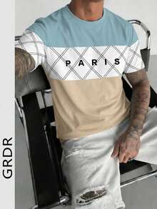 GRDR Men's Casual Simple Contrast Color PARIS Letter Print Round Neck Short Sleeve T-Shirt, Comfortable & Fashionable - Blue and White - View 1