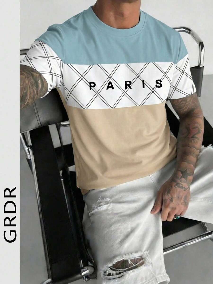 GRDR Men's Casual Simple Contrast Color PARIS Letter Print Round Neck Short Sleeve T-Shirt, Comfortable & Fashionable - Blue and White - View 1