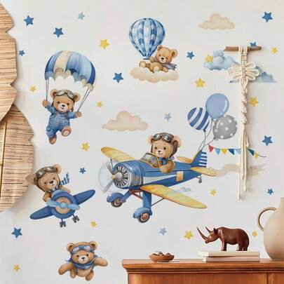 1张可爱小熊和飞机墙贴 - 可移除PVC贴纸，一次性房间装饰，包含气球飞机、云朵、星星和泰迪熊，适用于卧室、派对、婴儿房装饰，卡通贴纸