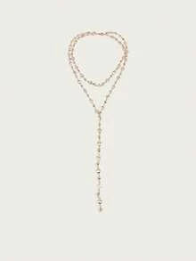 Altistry 1pc Fashionable Personalized Random Color Zirconia Oval Metal Chain Y-Necklace, Suitable For Travel, Dates, Parties And Other Occasions - Yellow Gold - View 6