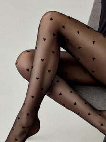 1pc Women's Cute & Elegant Heart Print Black Stockings Christmas Gift TGOK - 黑色 - 查看 6