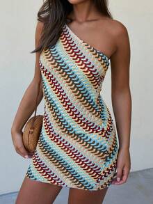 大码女式单肩修身条纹迷你连衣裙，沙滩度假装，休闲日常连衣裙，夏季优雅 - 彩色 - 查看 1