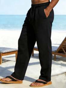 Men's Casual Solid Color Straight Linen Pants, Black, Suitable For Spring/Autumn/Summer - Black - View 5