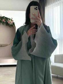 Váy midi một mảnh thời trang và tối giản với họa tiết phối màu, tay bồng, kiểu dáng Trung Đông, màu trơn dành cho nữ, áo choàng cardigan thanh lịch, phù hợp cho mặc hàng ngày và các dịp lễ hội mùa xuân. - Màu xanh Bạc hà - Xem 2