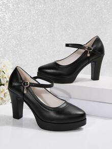 Women's High Heels, Elegant Chunky Heels, Suitable For All Seasons, Round Toe, Non-Slip Heel, Adjustable Ankle Strap, Fashionable High Heels For Work, Business Banquets, Comfortable And Not Tiring On The Feet. - 黑色 - 查看 2