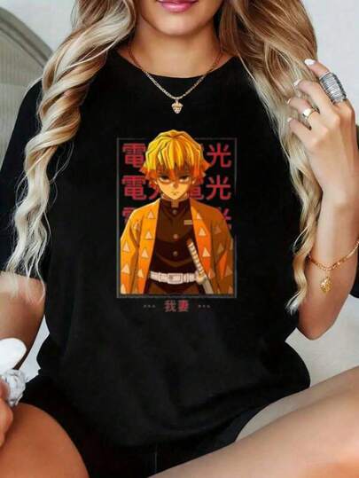 Demon S-Slayer Short SleeveDemon S-Slayer Zenitsu Agatsuma Anime Character T Shirt Women Men Casual Graphic Tee With Japanese Text And Orange Kimono DesignAnime Short Sleeved Shirt Suitable For Partysports And Other Holiday Gifts.Anime Shirt Graphic Tee Gifts For Men Shirts Graphic Funy T Shirt.