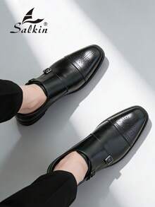 Pantofi eleganți bărbătești cu vârful ascuțit, design vintage Brogue, cu bareta Monk, pantofi eleganti formali pentru gentleman, potriviți pentru persoane de vârstă mijlocie, tineri, studenți, întoarcerea la școală, ceremonii de absolvire, birou, afaceri, petrecere, nuntă, mire, primăvară/vară/toamnă, mărime mare - Negru - Vizualizare 7