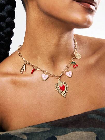 1 件金属心形小盒吊坠项链，带樱桃邪眼辣椒太阳吊坠珠宝礼物情人节、妈妈、母亲、母亲节、礼物