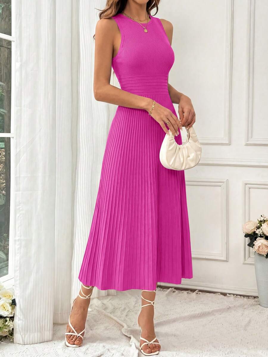 Women's Summer Mid-Length Dress Sleeveless Crew Neck Knitted A-Line Pleats Set Casual Wedding Guest Sundress - Màu Hồng Tươi - Xem 1