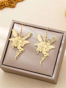 1 Pair Earrings, New European And American Style Metal Earrings, Sweet And Cute Fairy/Elf Cartoon Pendant Earrings For Girls - Yellow Gold - View 3