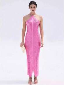 Fashion Tassel Back Slit Neck Dress - Hồng - Xem 1