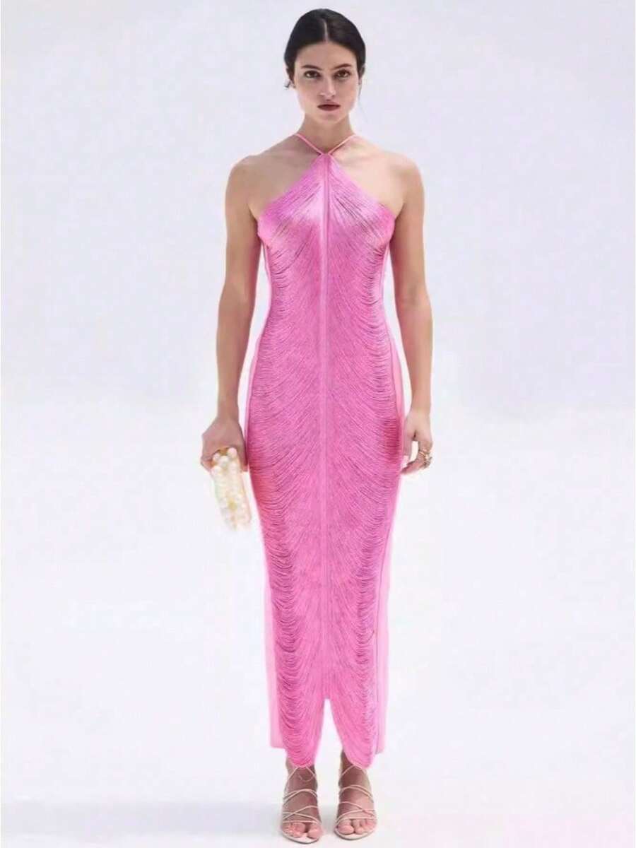 Fashion Tassel Back Slit Neck Dress - Hồng - Xem 1