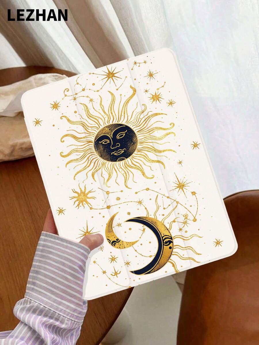 1pc Gold Sun & Moon Pattern Flat Tablet Protective Case With Pencil Slot, Anti-Drop, Tri-Fold Tablet Stand Protective Shell, Compatible With 10.2", Pro 11" 2021/2020/10th Gen, (A16) 11" 11th Gen 2025, 8th/9th/10th Gen, Galaxy Tab A8 10.5" 2022, Matepad 10.4"/Tab, Support Sleep/Wake, Ramadan Gift - Multicolor - View 1