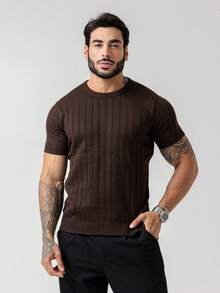 Men's Textured Lightweight Knit T-Shirt, High Quality Premium Spring Summer 26 - Rust Brown - View 7