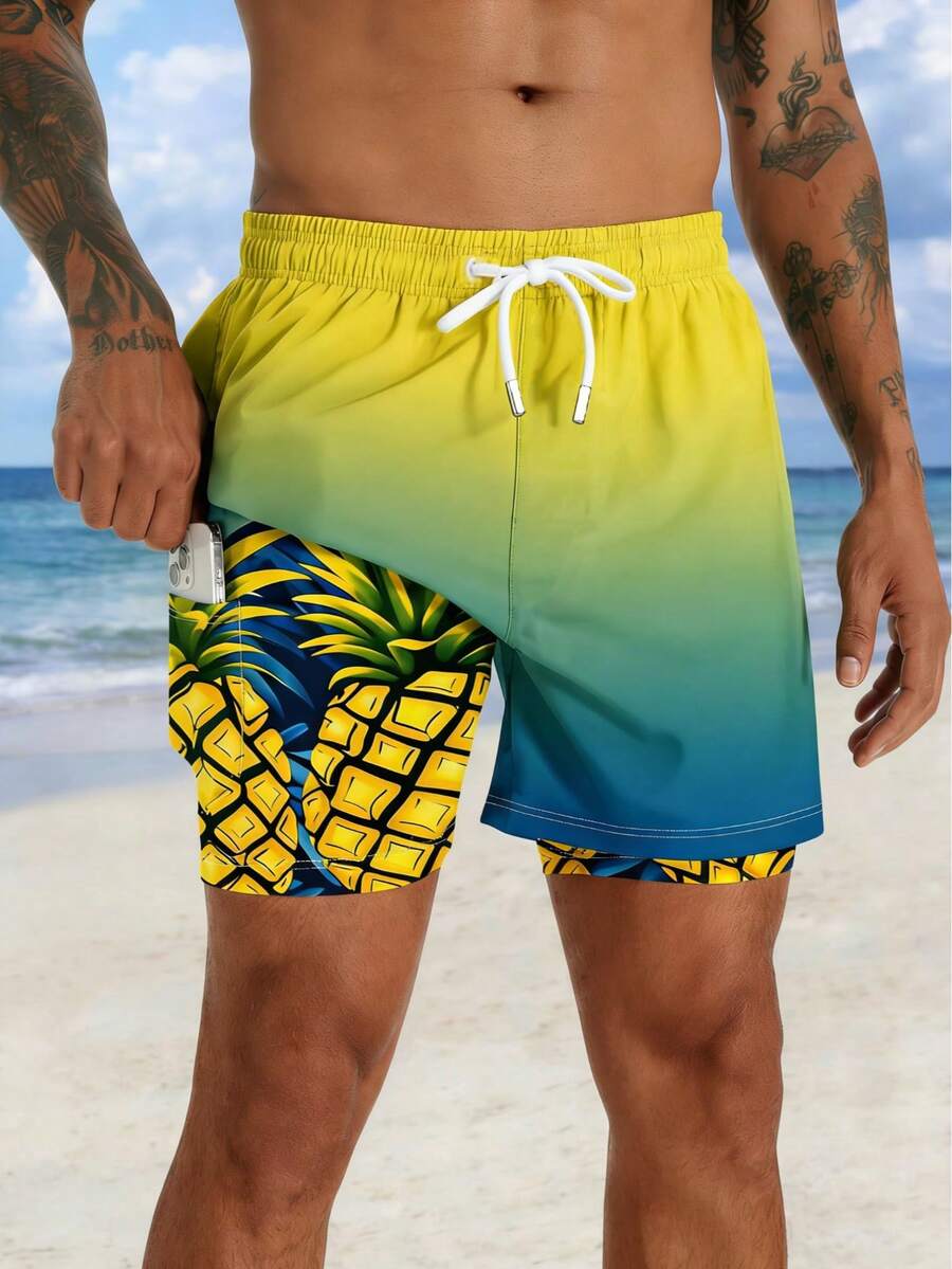 Men's Pineapple Print Double-Layer Beach Shorts, Vacation Style - Multicolor - View 1
