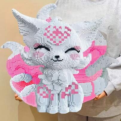 7359pcs Cute Pink Nine-Tailed Fox Building Blocks Set, Interlocking Bricks Series, Handmade 3D Mosaic Puzzle, Suitable For Family Activities And Gatherings Ages 14+