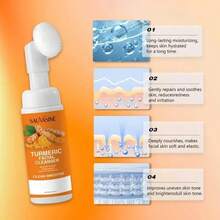 4Pcs Turmeric Wash And Care Three Piece Set,Tuemeric Facial Cleanser & Turmeric Soap Bar & Turmeric Face Scrub Pads,Face & Body Cleanser,Turmeric Cleansing Skincare Set, Deep Cleansing - 黃色 - 查看 3
