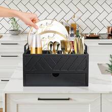 Dispensador de platos de papel con cajón, soporte de platos de papel para la encimera de la cocina, cesta rústica de madera para cubiertos y utensilios, organizador de cubiertos y vajilla para tazas, cucharas, tenedores, platos, servilletas, accesorios de cocina negros - Negro - Ver 4