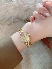 1 buah Jam Tangan Quartz Minimalis Wanita Warna Emas/Perak, Bertatahkan Rhinestone Baru, Cocok untuk Pemakaian Sehari-hari dan Dekorasi - Emas - View 4