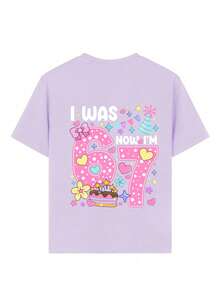 女童休闲趣味印花圆领短袖T恤，夏季上衣 - 淡紫色 - 查看 6