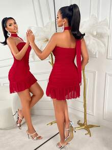 Elegant Strapless Tie Bustier Ruched Ruffle Hem Short Dress, Autumn Red Mesh Bodycon Mini Dress For Women, Suitable For Wedding Guest, Party, Banquet And Christmas Wear - Dark Red - View 2
