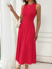 Women's Summer Mid-Length Dress Sleeveless Crew Neck Knitted A-Line Pleats Set Casual Wedding Guest Sundress - 大紅 - 查看 3