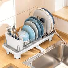 1pc Space-Saving Dish Drying Rack With Cutlery Holder, Adjustable Compact Countertop Dish Rack With Utensil Holder And Drip Tray, Multifunctional Kitchen Storage Rack - Multicolor - View 4