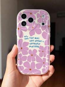 1pc Refreshing Floral & Positive Slogan Pattern Cream Asymmetrical Wavy Edge Unique Soft Phone Case Compatible With IPhone 11/12/13/14/15/16/17 Pro Max - Multicolor - View 5